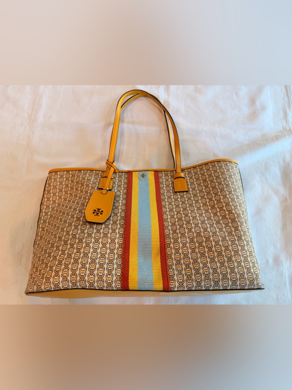 Tory Burch Gemini Link Canvas Coated Colorful Large Tote with Charm